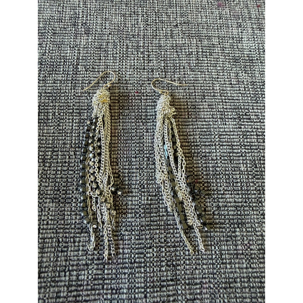 Stella & Dot Adrienne Chain Earrings Silver Tassel Rhinestone Drop E1006S